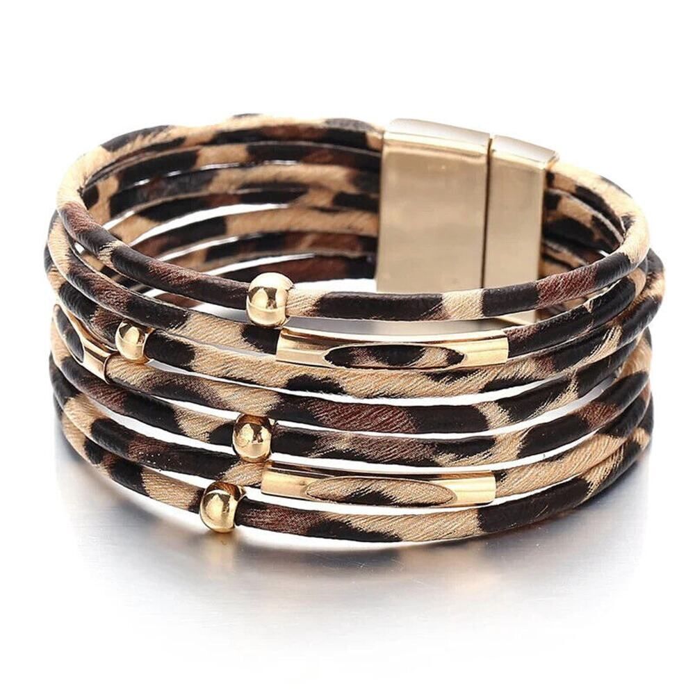 Los Angeles Leopard Leather Bangle Bracelet Multilayer Wrap Jewelry Magnetic